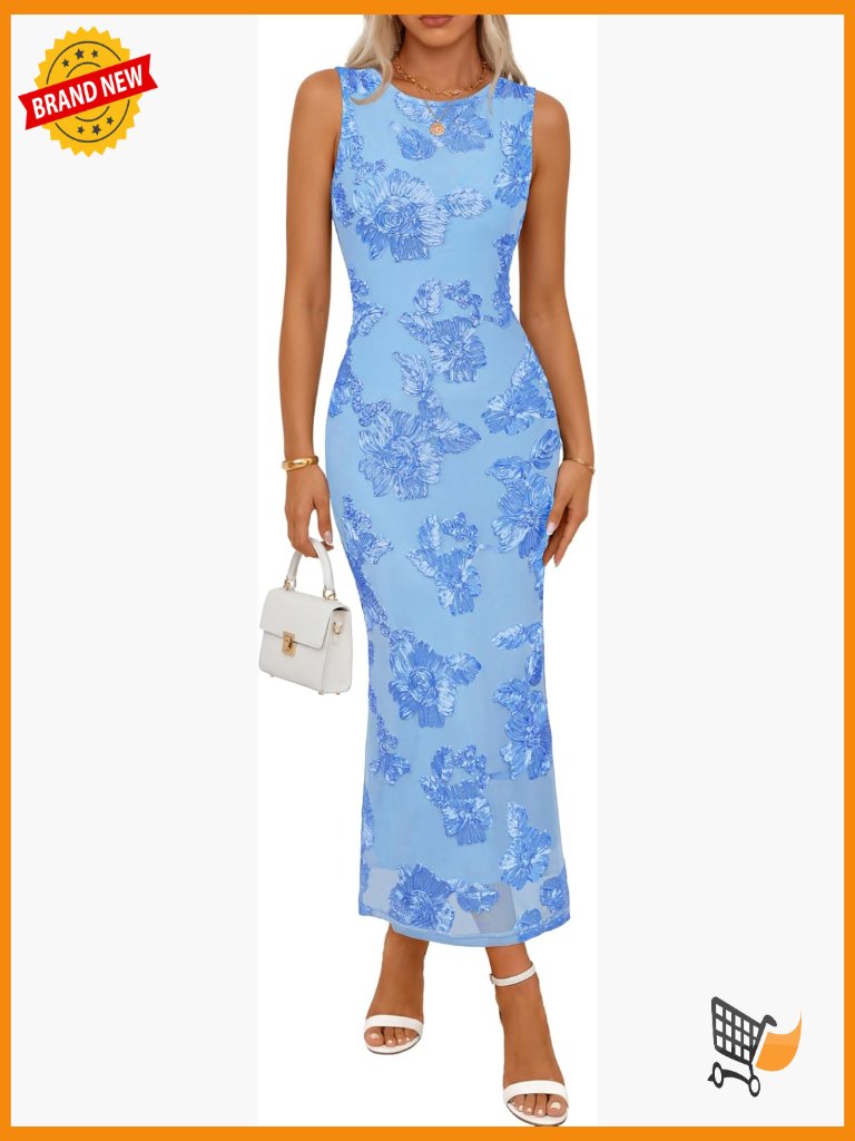 Sleeveless Bodycon Maxi Dress With Floral Embroidery And Back Slit